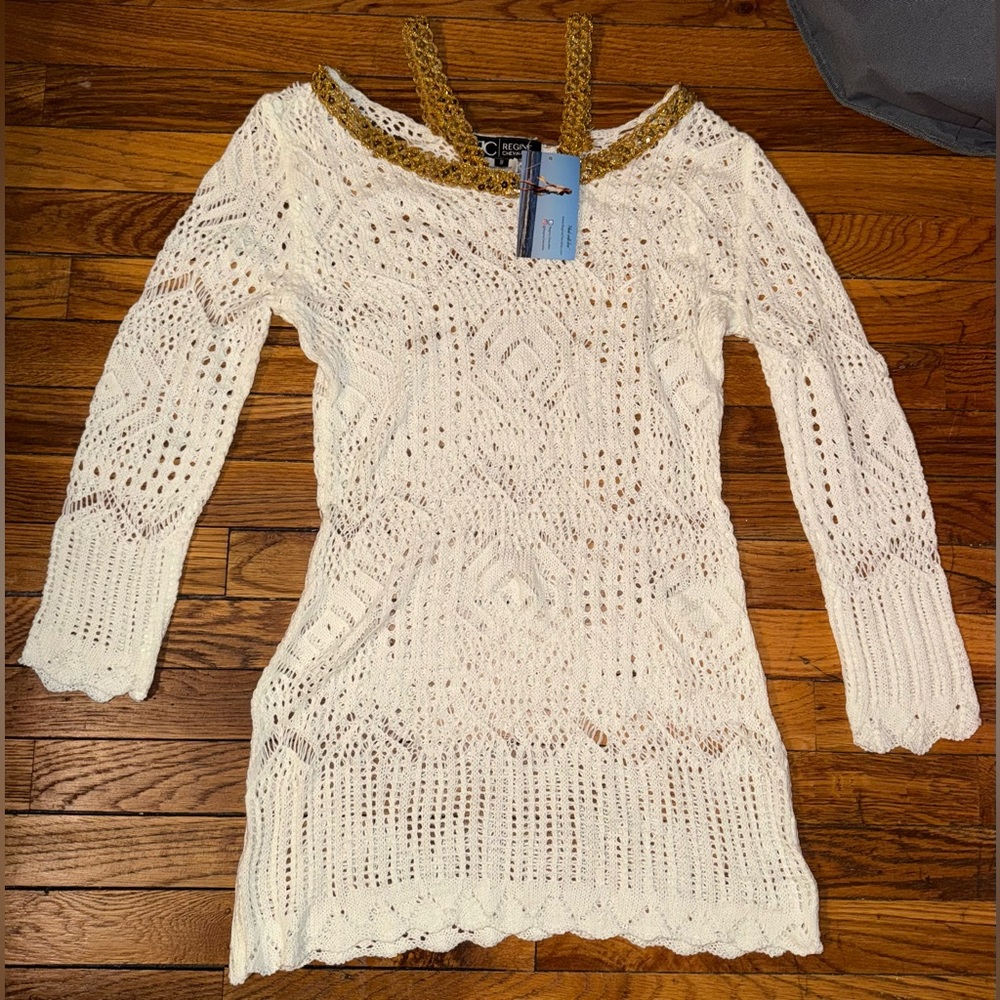REGINE CHEVALLIER ivory gold cold shoulder knit long sleeve dress Cover up Small
